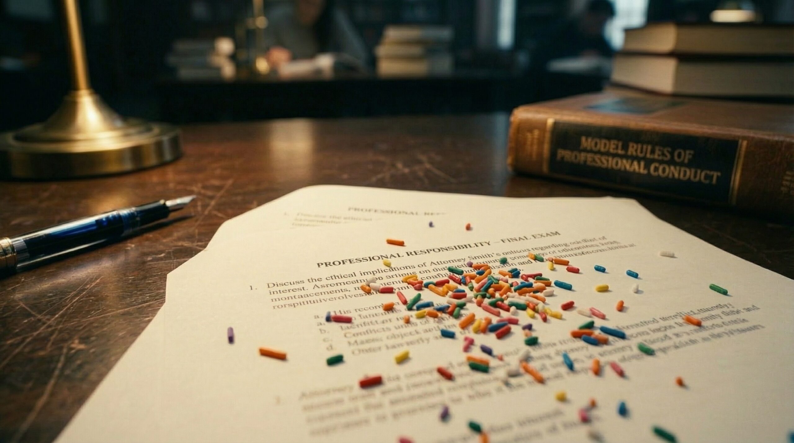Florida Bar Exam Professional Responsibility essay with colorful sprinkles symbolizing ethics issues embedded in exam questions