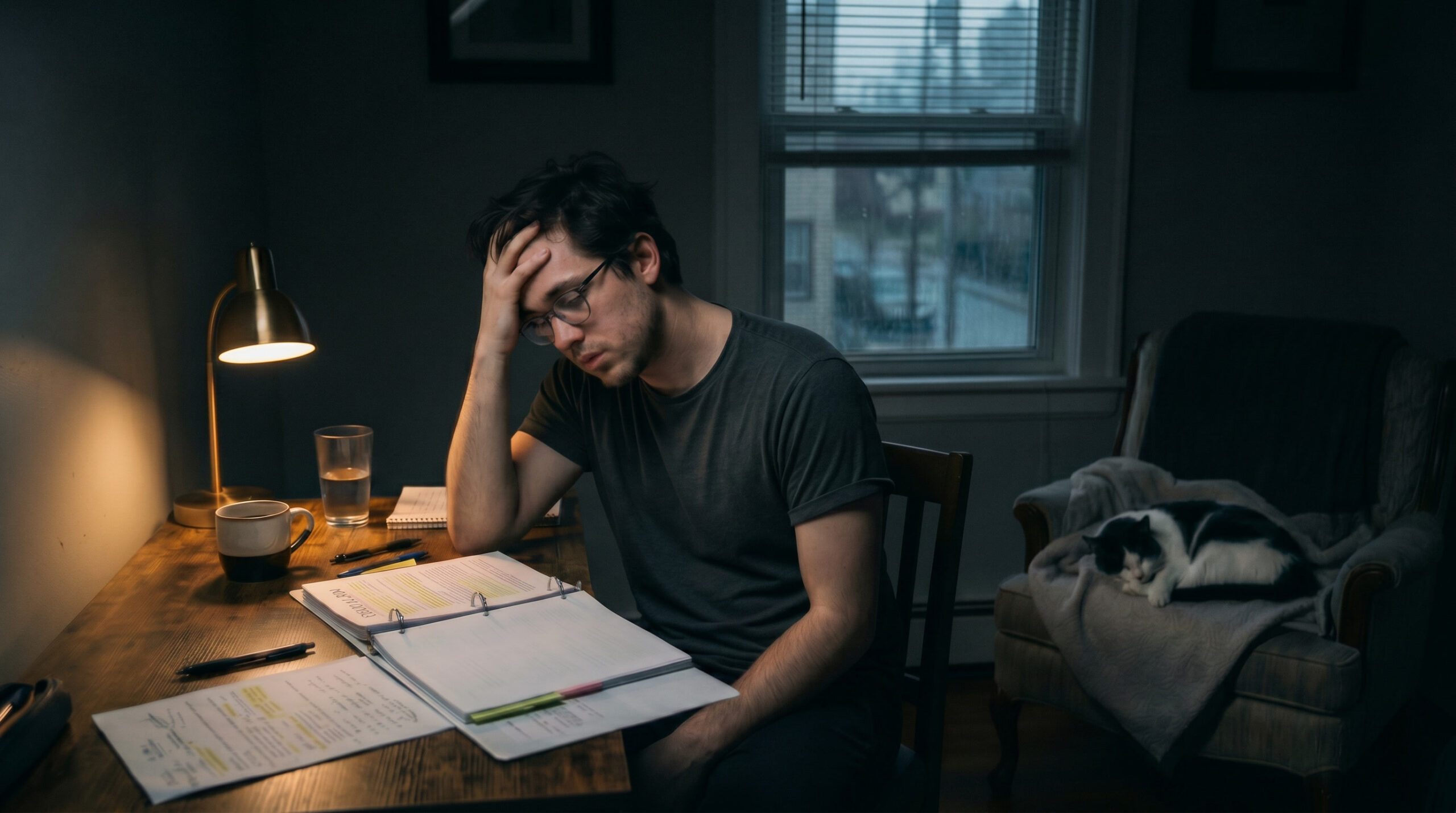 Exhausted bar exam student studying alone at night under a desk lamp while preparing outlines and notes during late-night bar prep.