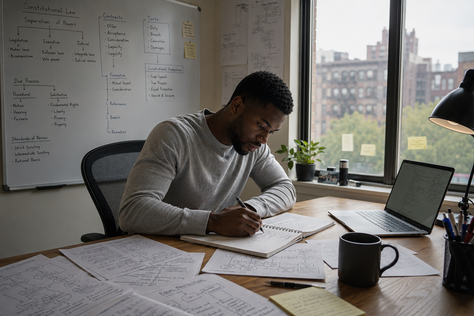 Law student using structured active recall and legal framework mapping for bar exam study