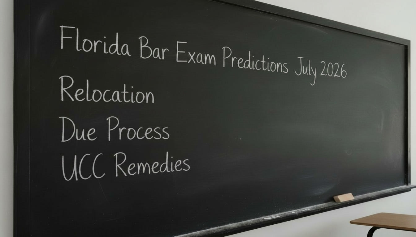 Blackboard displaying Florida Bar Exam essay predictions for July 2026 including Relocation, Due Process, and UCC Remedies.