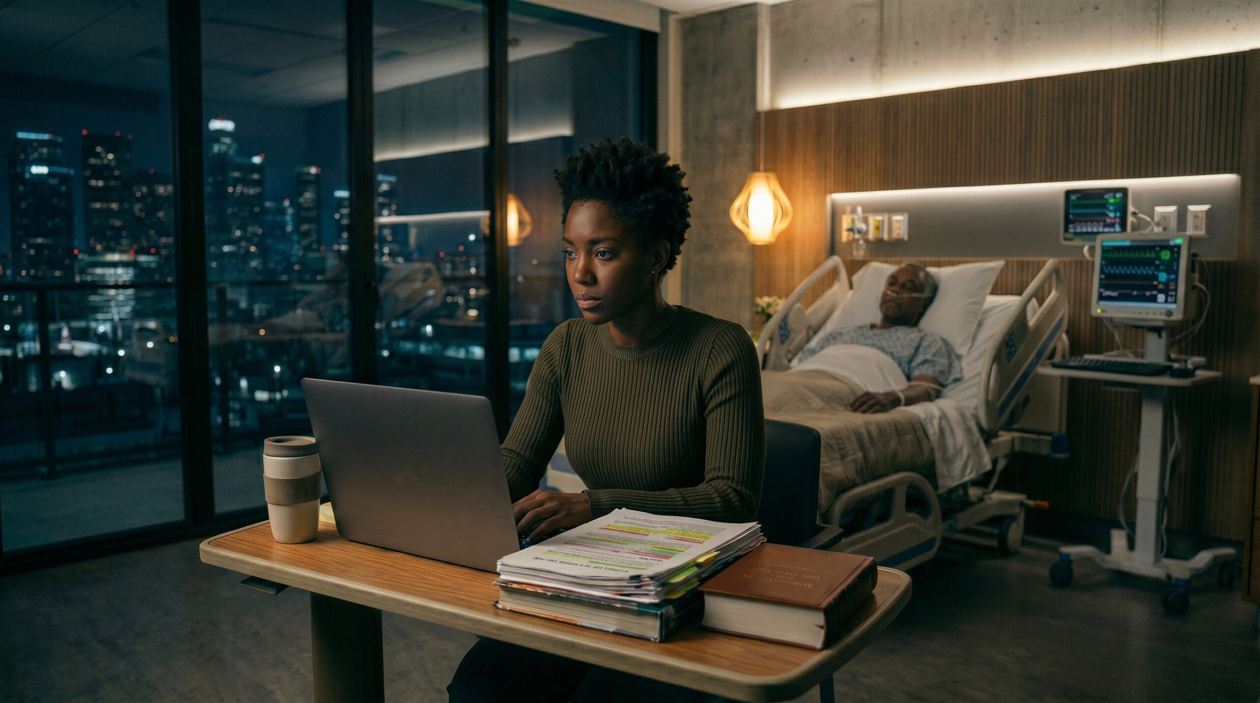 Law student studying late at night in a hospital room while a parent rests in a hospital bed behind her, representing maintaining focus during personal hardship and bar exam preparation.