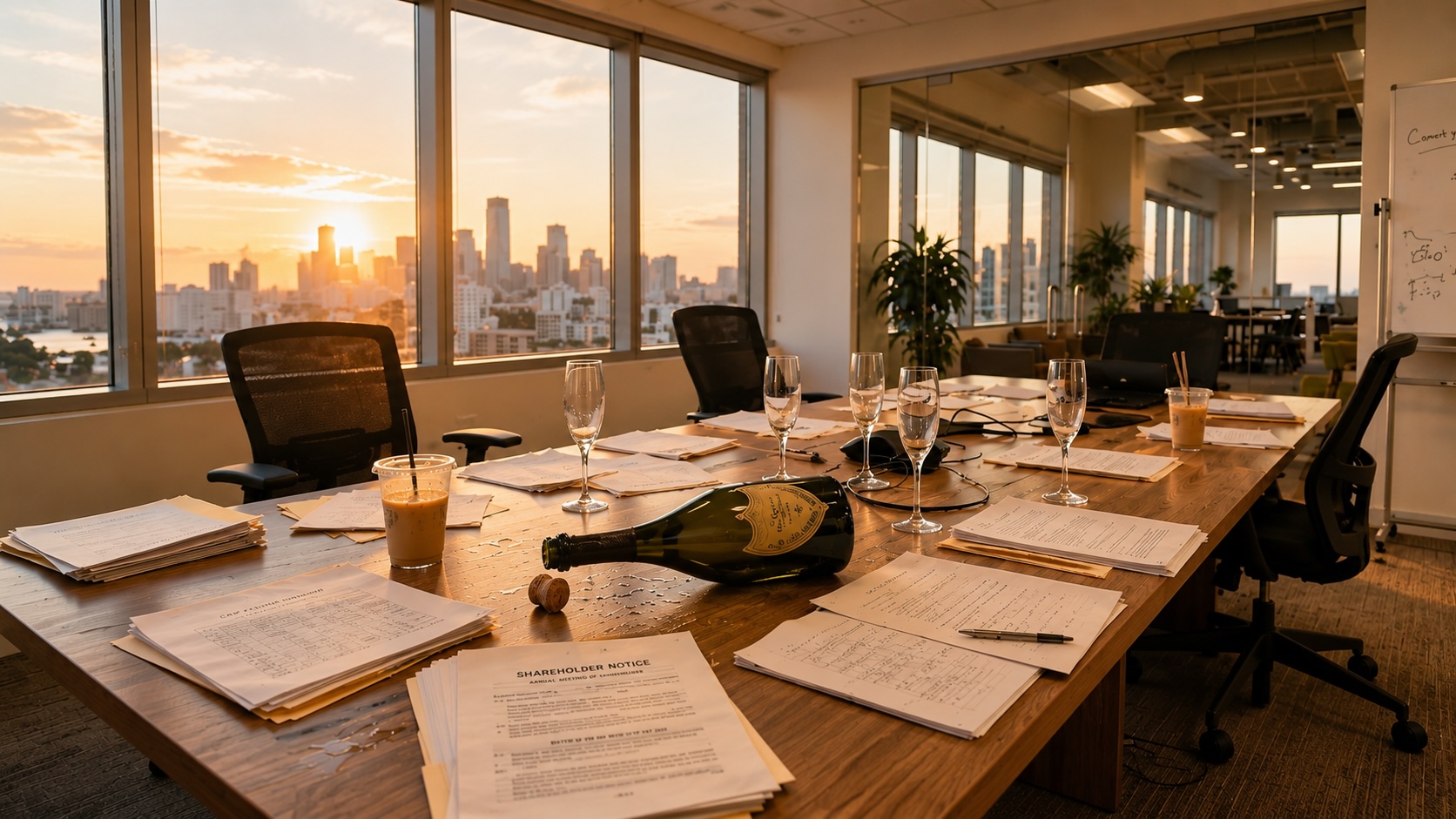 Modern Miami startup conference room after a shareholder meeting with a toppled champagne bottle, corporate documents, and city skyline at sunset symbolizing startup ambition and governance collapse.