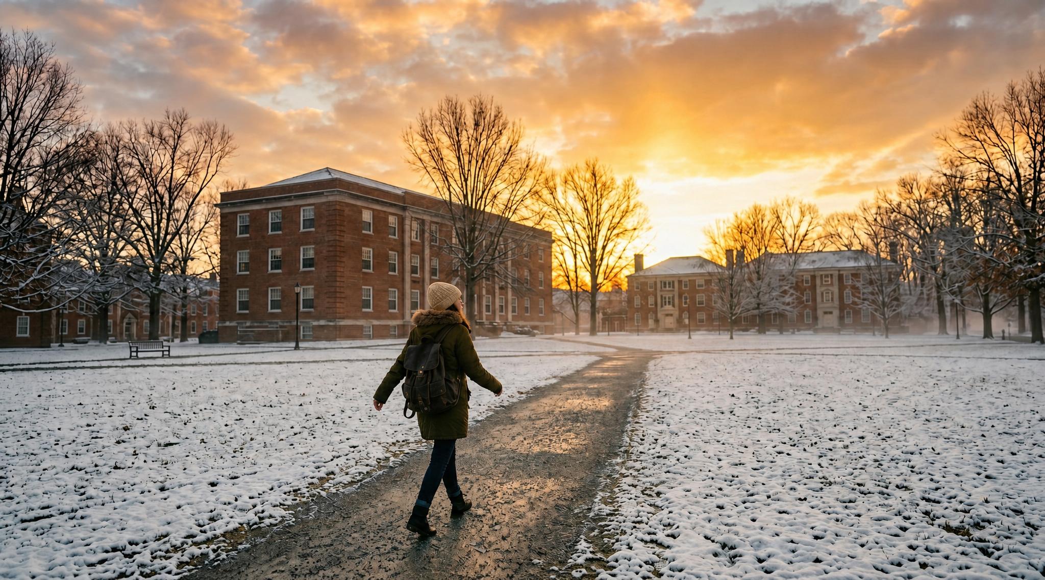 College student walking across a university campus at sunrise on a winter morning, symbolizing attention, learning readiness, memory formation, and effective study strategies for the bar exam.