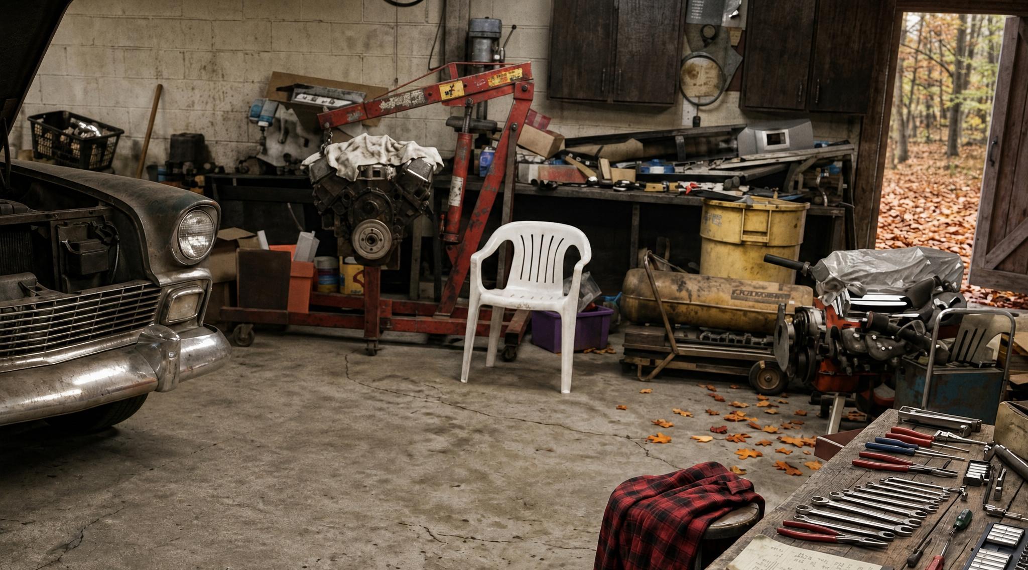 Older garage workshop with engine parts, tools, and a classic project car during autumn, representing diagnosis, troubleshooting, and problem-solving before making repairs.