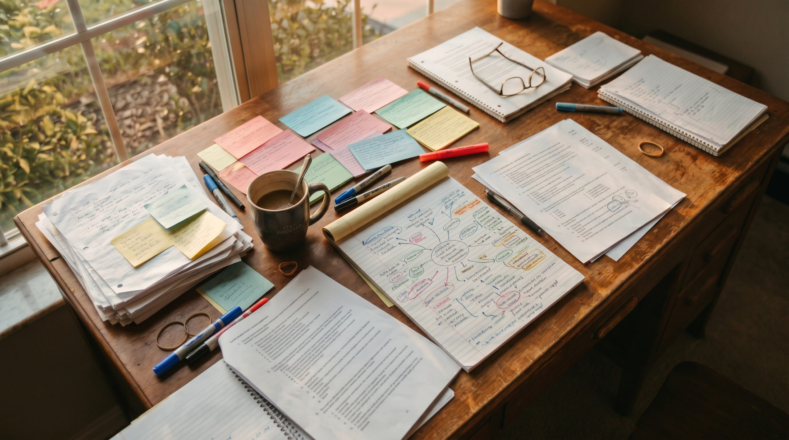 Florida bar exam study materials, flashcards, practice questions, and notes arranged on a desk illustrating different bar prep strategies.