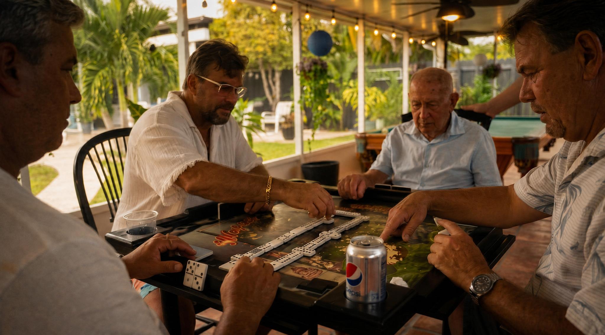 Men playing dominoes around a table in a South Florida patio during golden hour, illustrating strategic decision-making and prioritization under limited options.