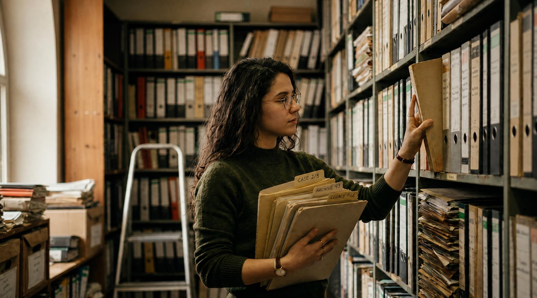 Law student reviewing archived legal files while selecting official Florida Bar Exam essays to practice before the July 2026 exam.
