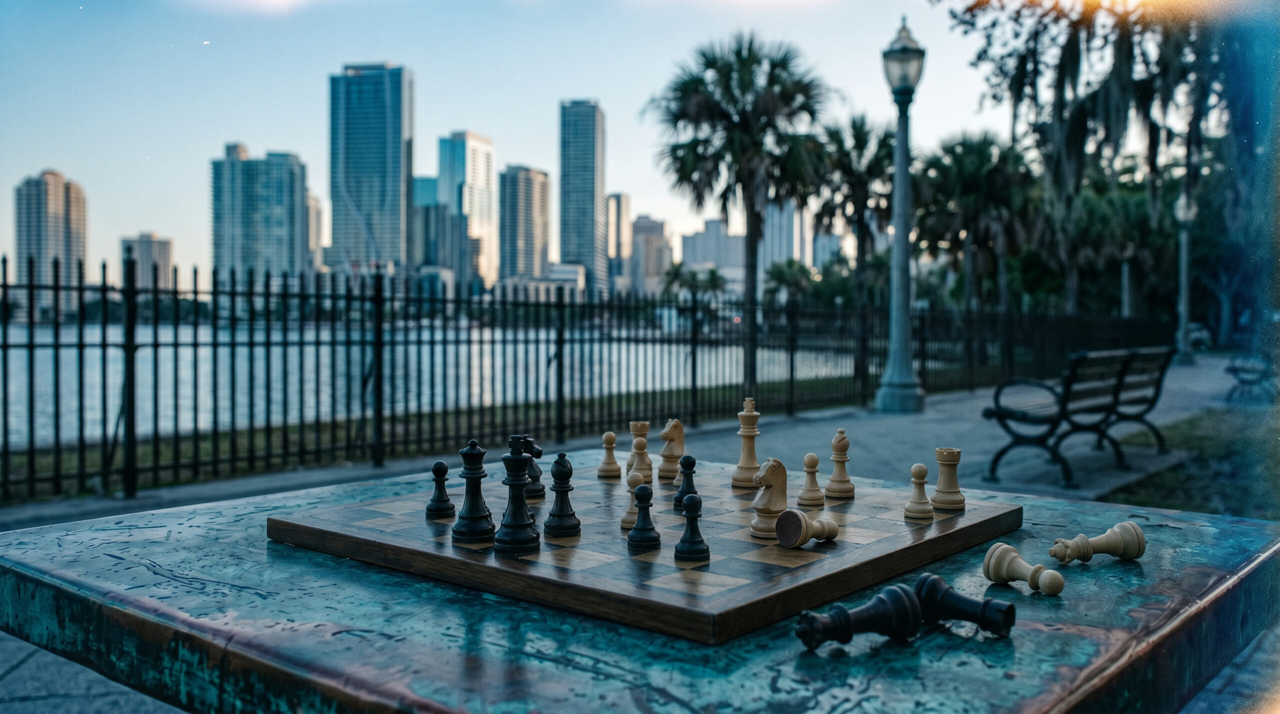 Chessboard in a city park with captured pieces beside the board, symbolizing strategic prioritization and decision-making when preparing for the MBE with limited study time.