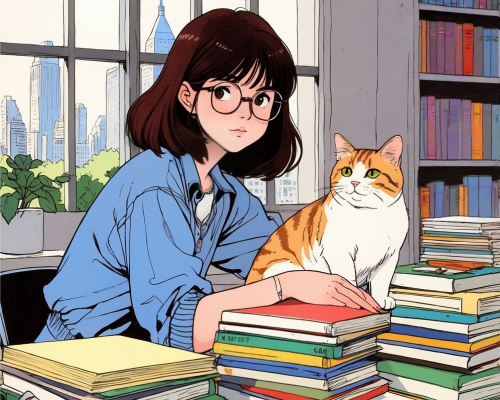 Anime Study Vibes: NYC College Prep with Cat and Books Anime-style girl with glasses sitting by a window in New York City, surrounded by a stack of books and holding a cat, preparing for college entrance exams.