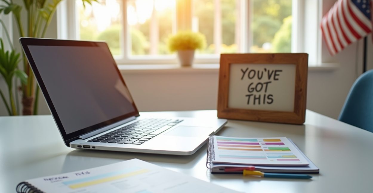 Laptop, notebooks, and a motivational “You’ve Got This” sign on a bright study desk with an American flag in the background, representing bar exam prep with Ameribrights.