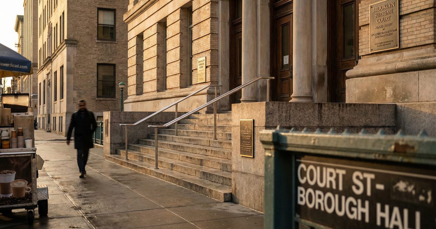Brooklyn courthouse steps in early morning light near the Court Street–Borough Hall subway entrance and a street coffee cart.