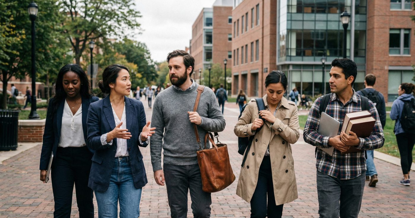 A group of students walking together across a university campus, carrying books and backpacks while talking on their way to class.