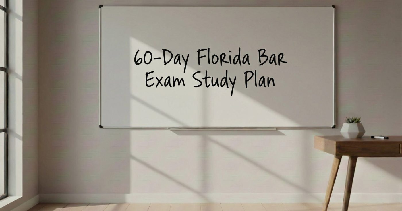 Sunlit study room with a blank whiteboard displaying the text ‘60-Day Florida Bar Exam Study Plan,’ with soft shadows, a wooden desk, and warm natural lighting.