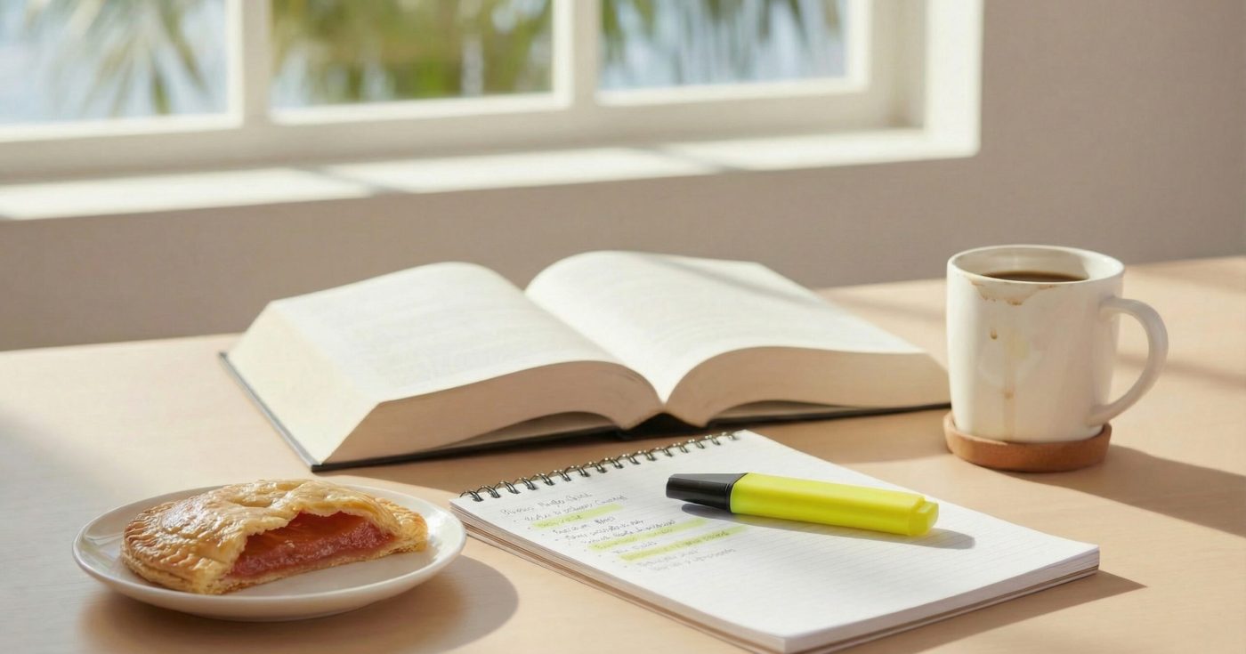A bright Florida study desk with an open bar exam book, highlighted notes, a yellow highlighter, a pastelito on a plate, and a coffee mug with light drip marks, set in front of a sunny window with palm trees outside.