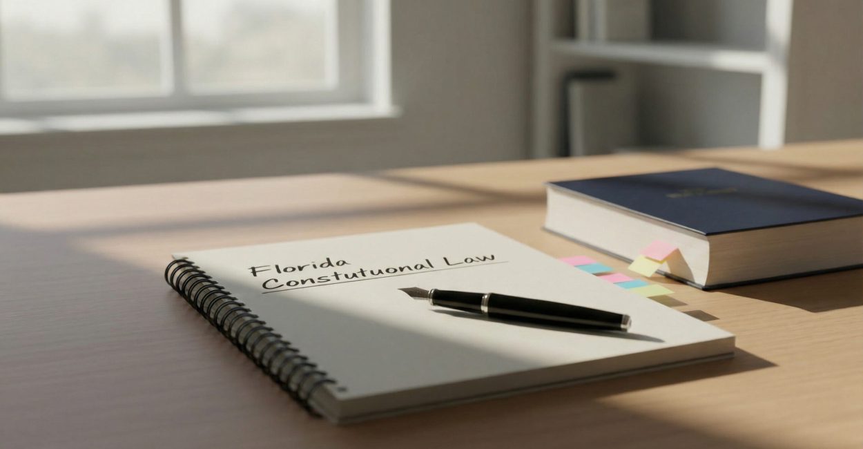 Open notebook labeled ‘Florida Constitutional Law’ on a sunlit study desk with a black fountain pen and a tabbed law book, representing focused study of Florida Con Law distinctions.