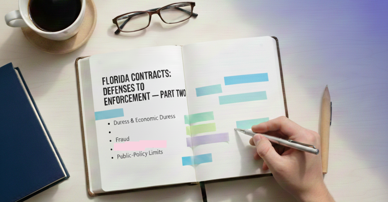 Flat lay of an open notebook on a desk beside a cup of coffee and eyeglasses. The notebook page is titled “Florida Contracts: Defenses to Enforcement — Part Two” with a bulleted list of topics including duress and economic duress, fraud, and public-policy limits, while a hand holding a pen highlights colored tabs, suggesting organized bar exam study notes.