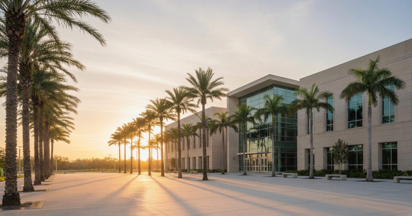 Florida courthouse exterior at sunrise with palm trees, representing family law and child support calculations for the Florida Bar Exam.