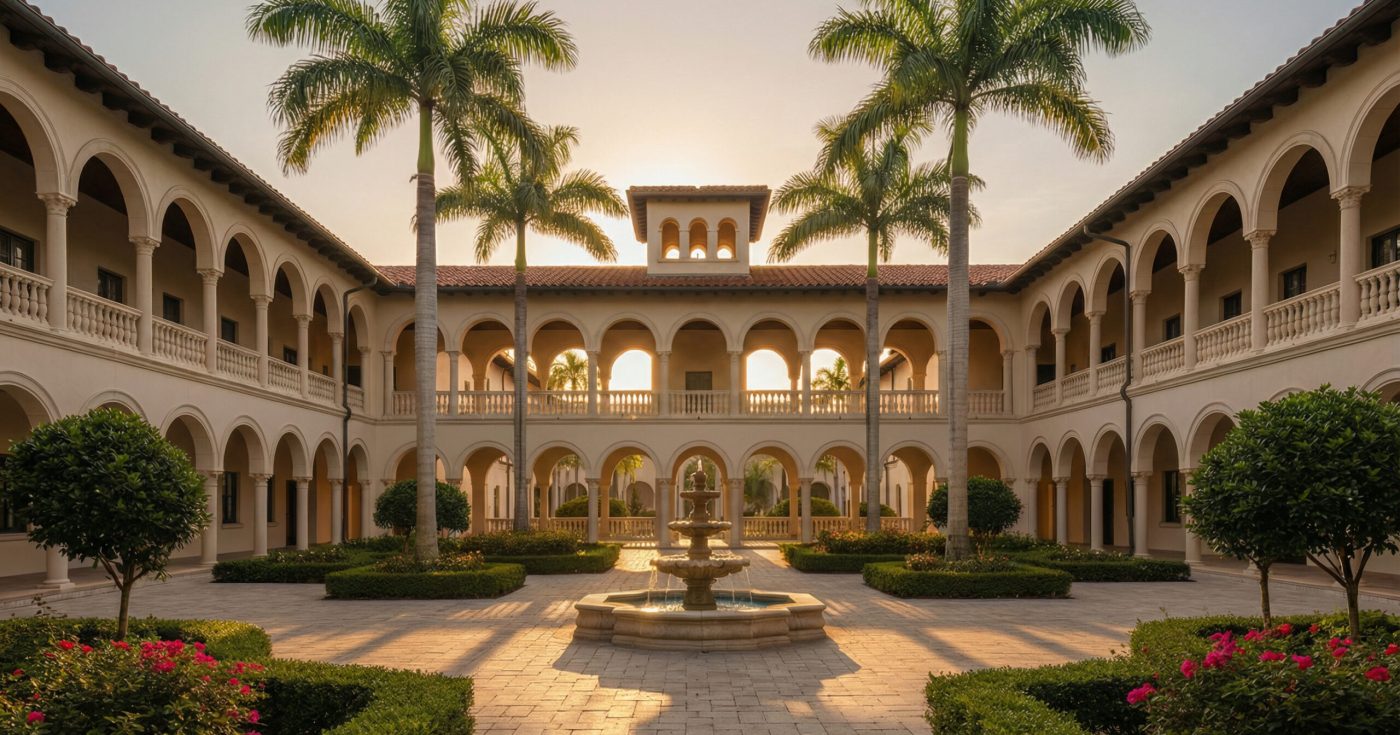 Courtyard of a Florida law school with palm trees, arches, and a central fountain at sunrise, representing Florida bar exam resources available by school.