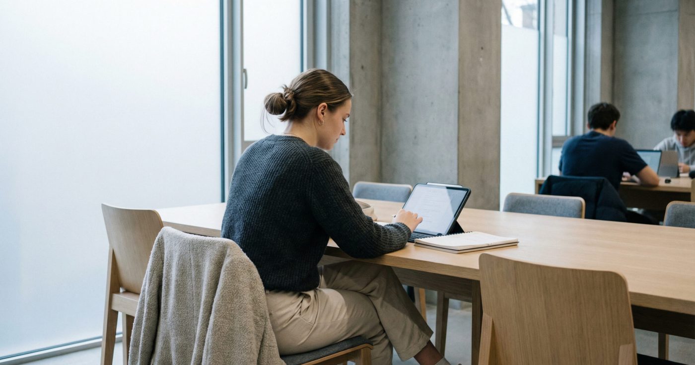 Student studying quietly in a modern library, working on a tablet with notes open, in soft neutral lighting.
