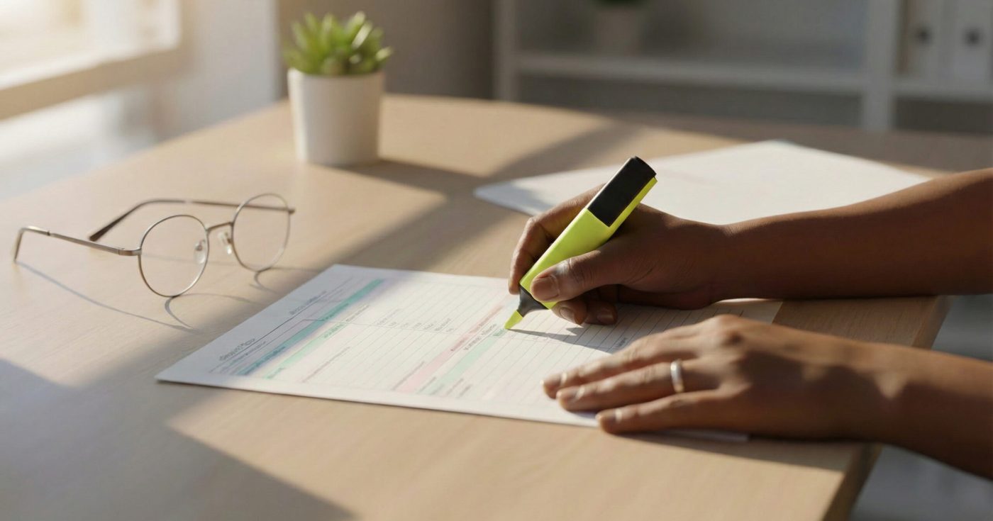 A person highlighting key points on a study schedule at a sunlit desk, with glasses and a small plant nearby.