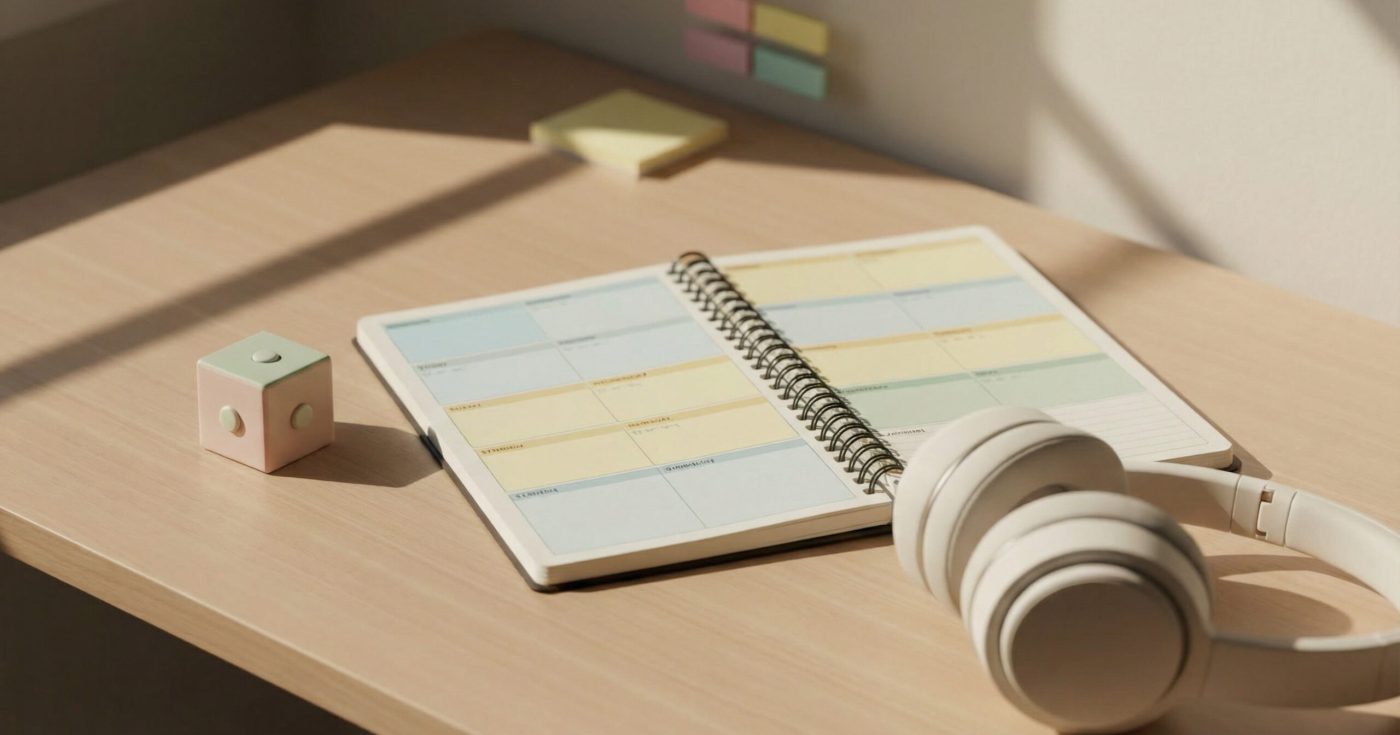A soft-lit study desk with a pastel fidget cube, open planner, and over-ear headphones — tools symbolizing focused, ADHD-friendly bar exam study strategies.