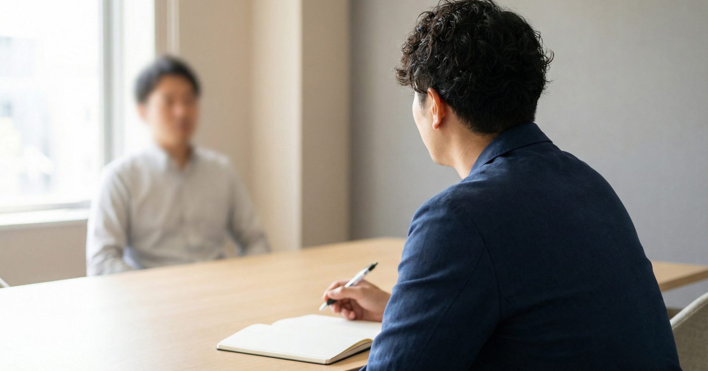 A hiring manager sits across from a job candidate in a bright office, taking notes during a behavioral interview. The scene shows a simple wooden table, natural light, and a neutral professional environment.