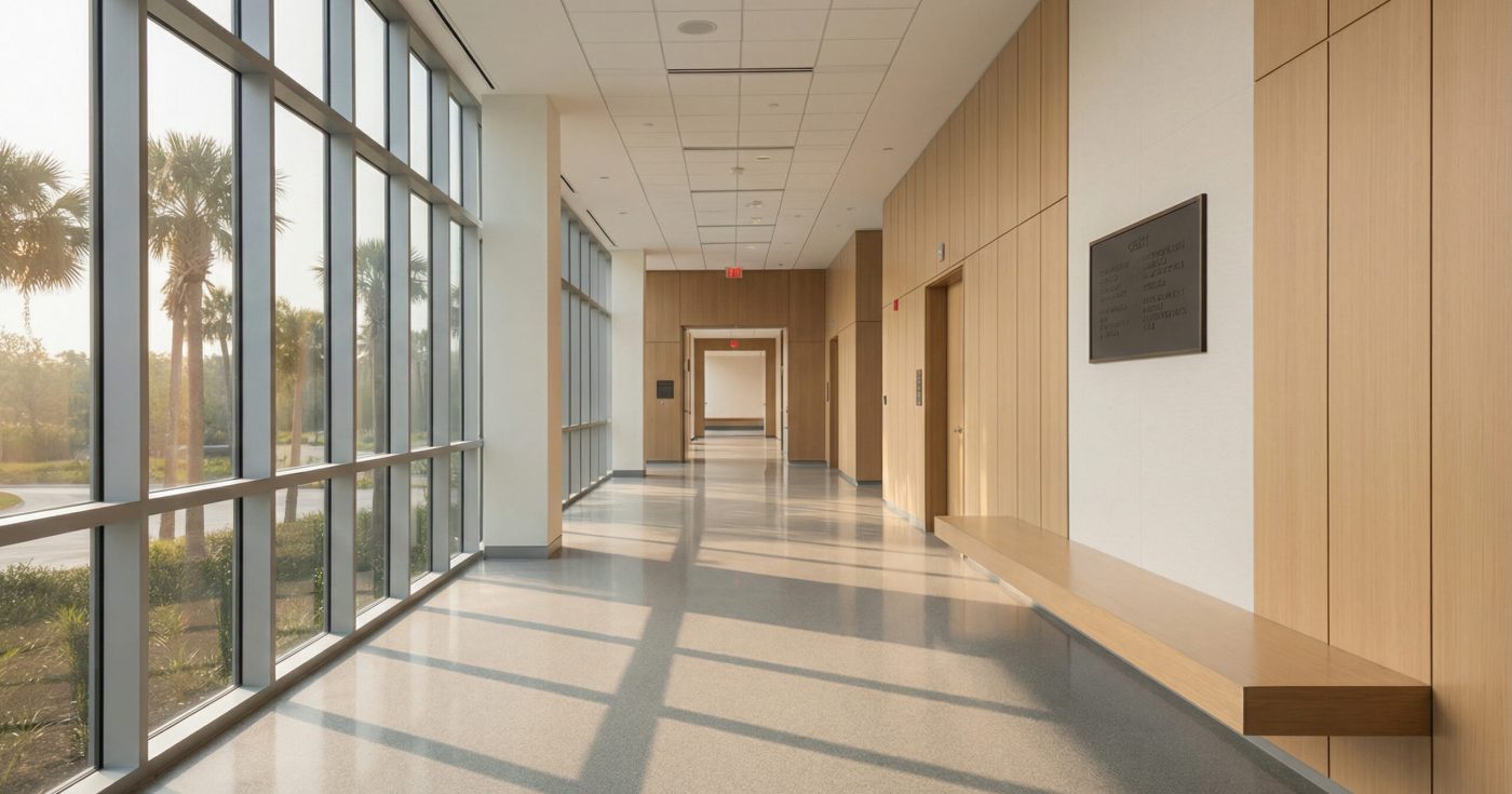 Modern Florida courthouse hallway with large windows, palm trees outside, and warm morning light — clean, minimalist legal setting.