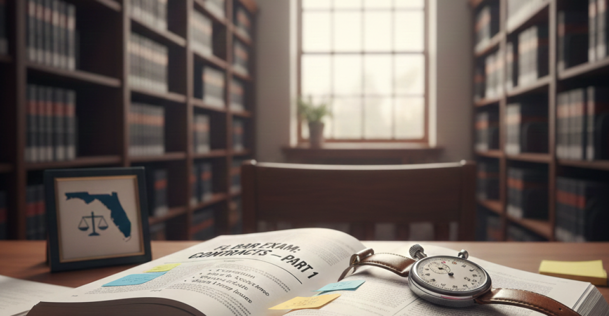 Open contracts textbook with sticky notes and a stopwatch on a law library desk, representing Florida Bar Exam Contracts Part One study themes.