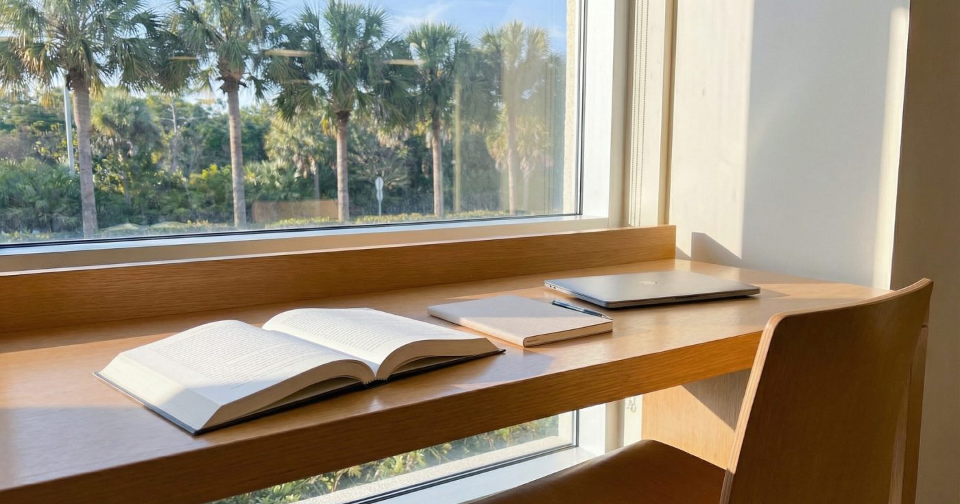 A neatly arranged study desk with an open book, closed notebook, and laptop placed beside a large window overlooking Florida palm trees in soft daylight.