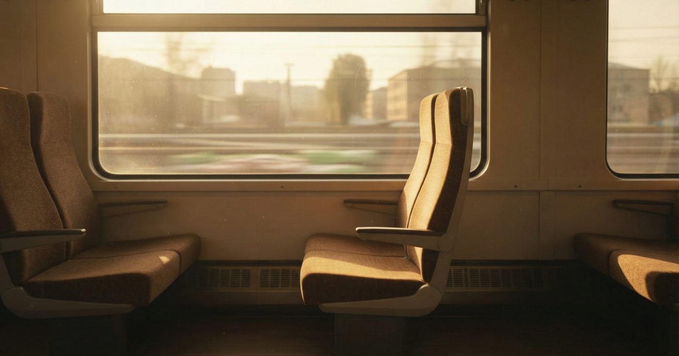 Empty train seats lit by warm morning sunlight with a blurred cityscape passing outside the window, capturing a quiet reflective moment during a commute.