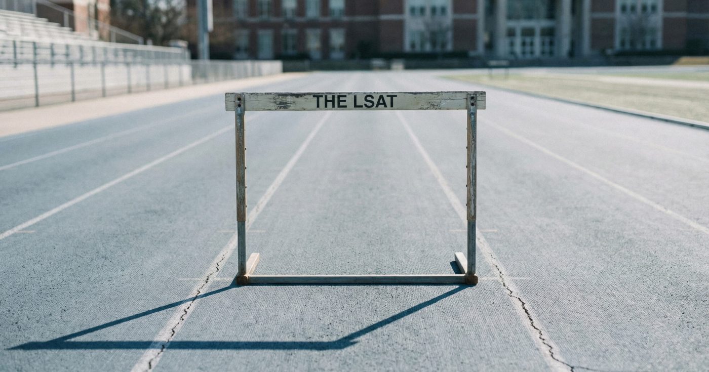 A single hurdle labeled ‘The LSAT’ standing on an empty running track, symbolizing the LSAT as the first major hurdle on the path to law school.