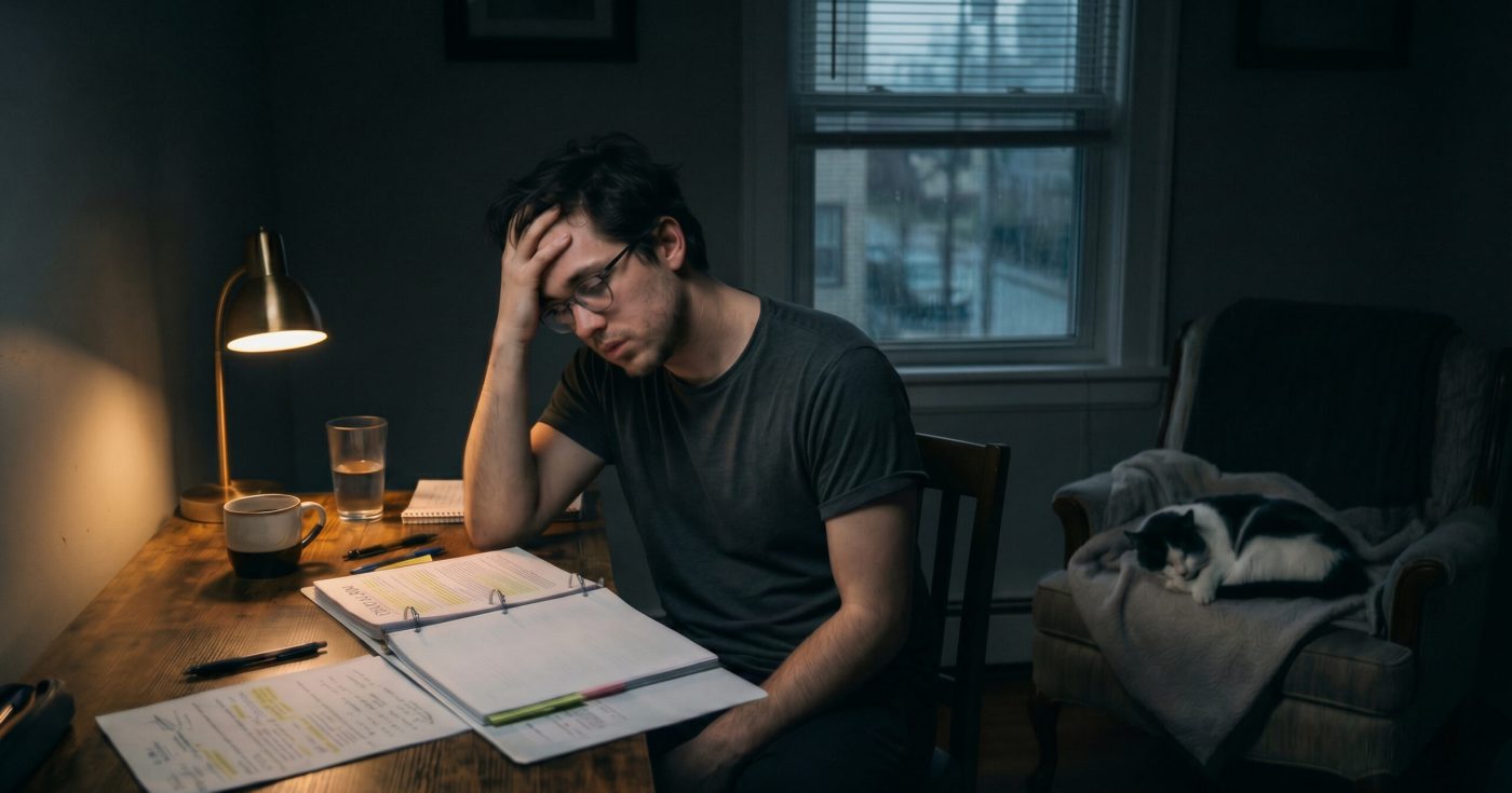 Exhausted bar exam student studying alone at night under a desk lamp while preparing outlines and notes during late-night bar prep.