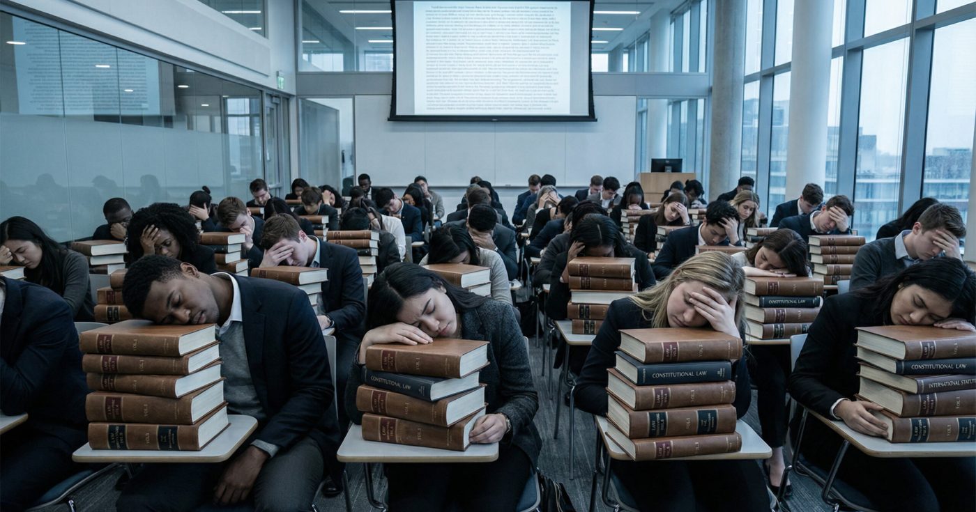 A classroom full of bar exam students slumped over massive law books, exhausted and overwhelmed as a dense lecture plays on the projector—illustrating the burnout and inefficiency of traditional bar review programs.