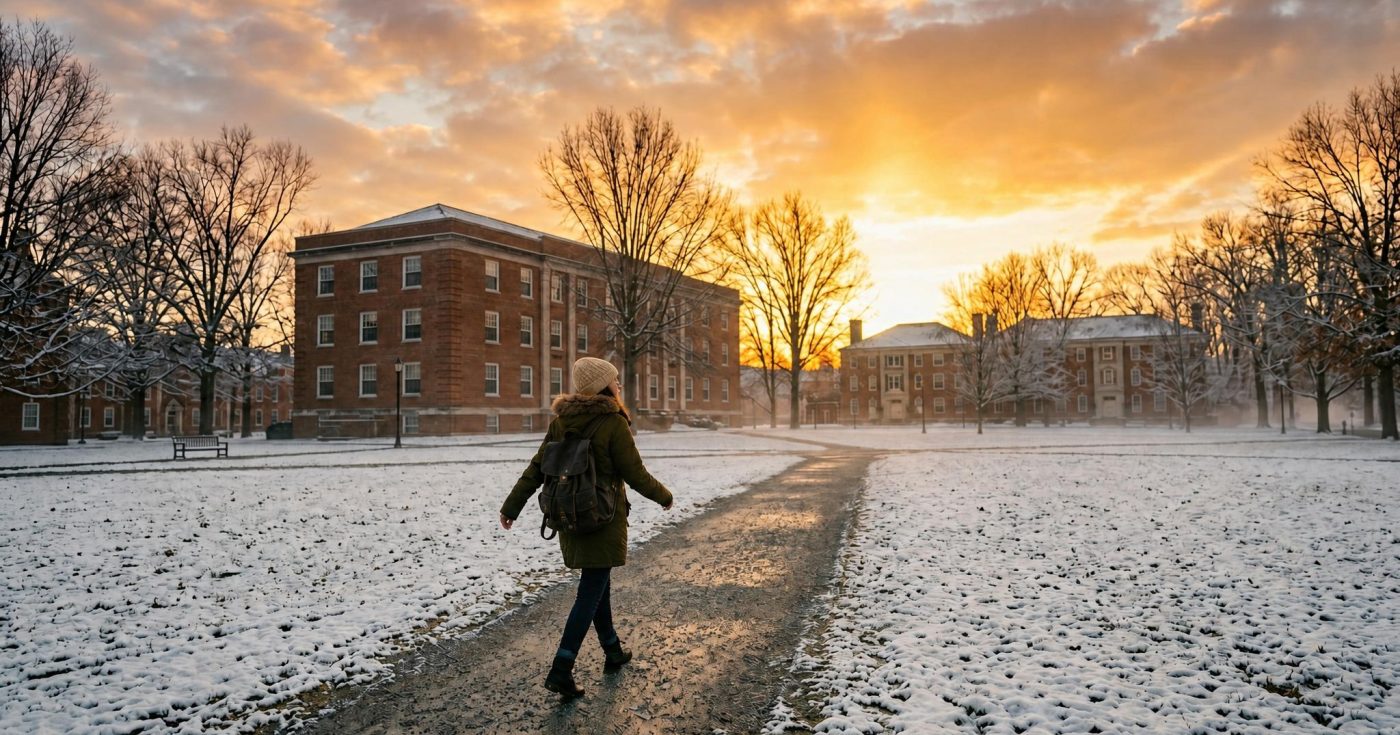 College student walking across a university campus at sunrise on a winter morning, symbolizing attention, learning readiness, memory formation, and effective study strategies for the bar exam.