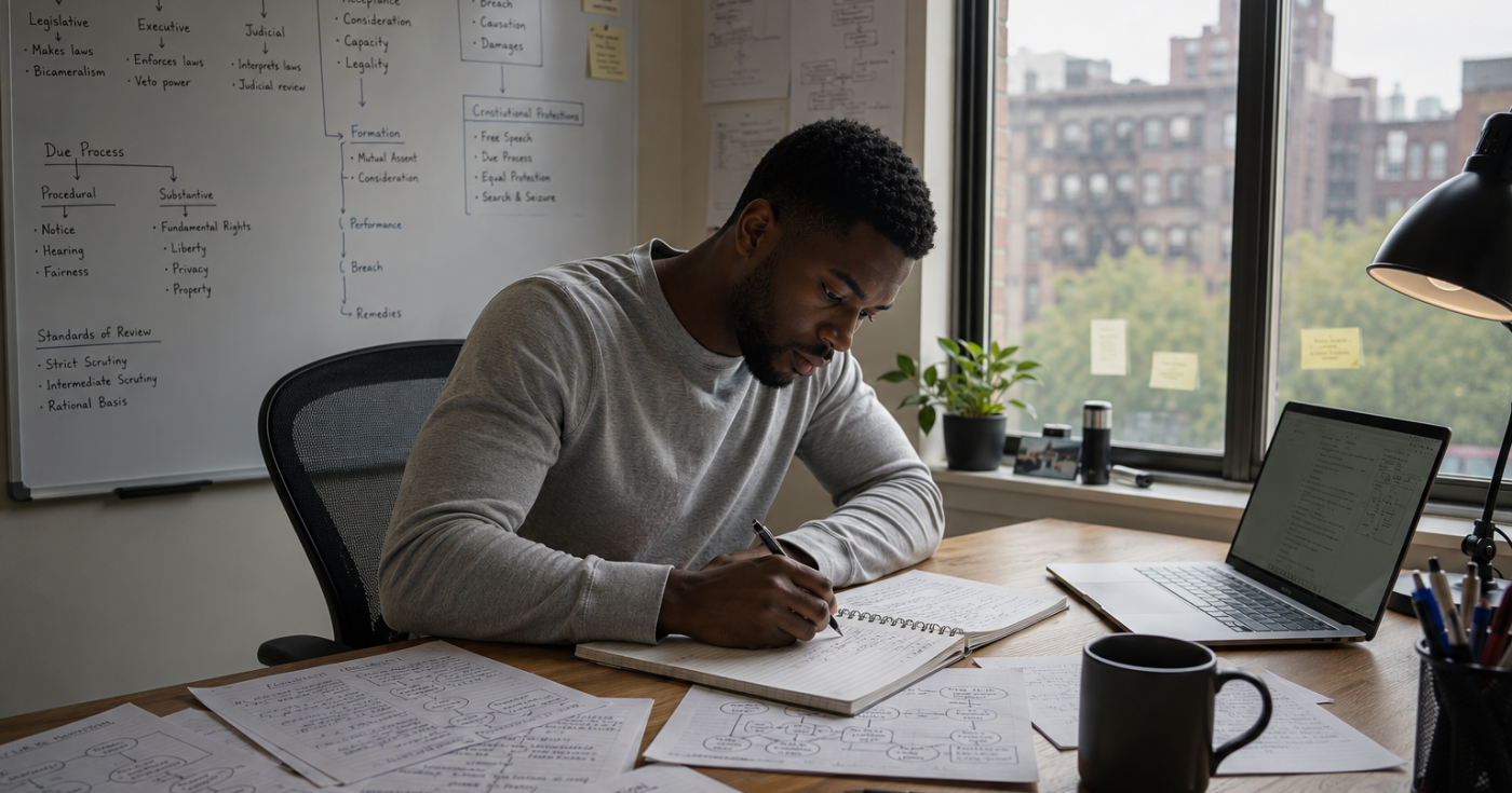 Law student using structured active recall and legal framework mapping for bar exam study