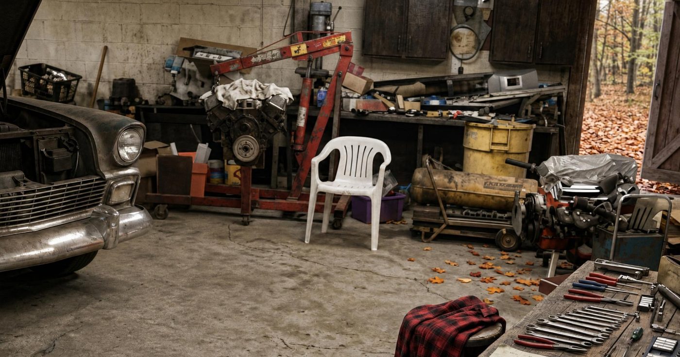 Older garage workshop with engine parts, tools, and a classic project car during autumn, representing diagnosis, troubleshooting, and problem-solving before making repairs.