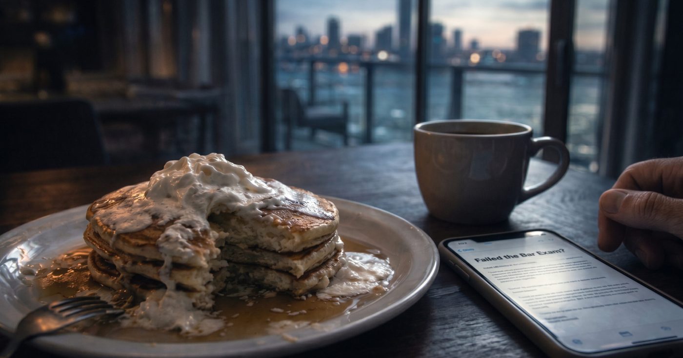 Bar exam result on phone beside pancakes and coffee, representing loss of motivation and the discovery of inner drive.