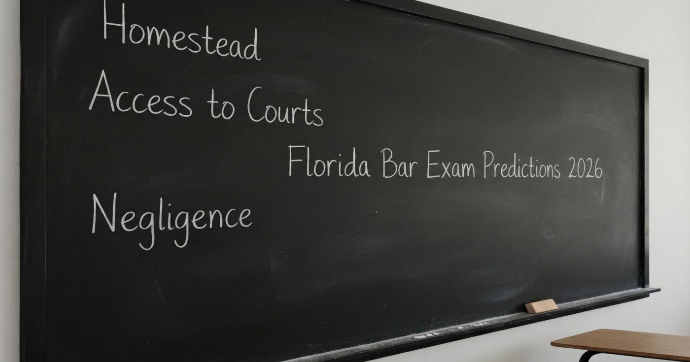 Chalkboard with Florida Bar Exam essay prediction topics written in white chalk, including Homestead, Access to Courts, Negligence, and the title Florida Bar Exam Predictions 2026.