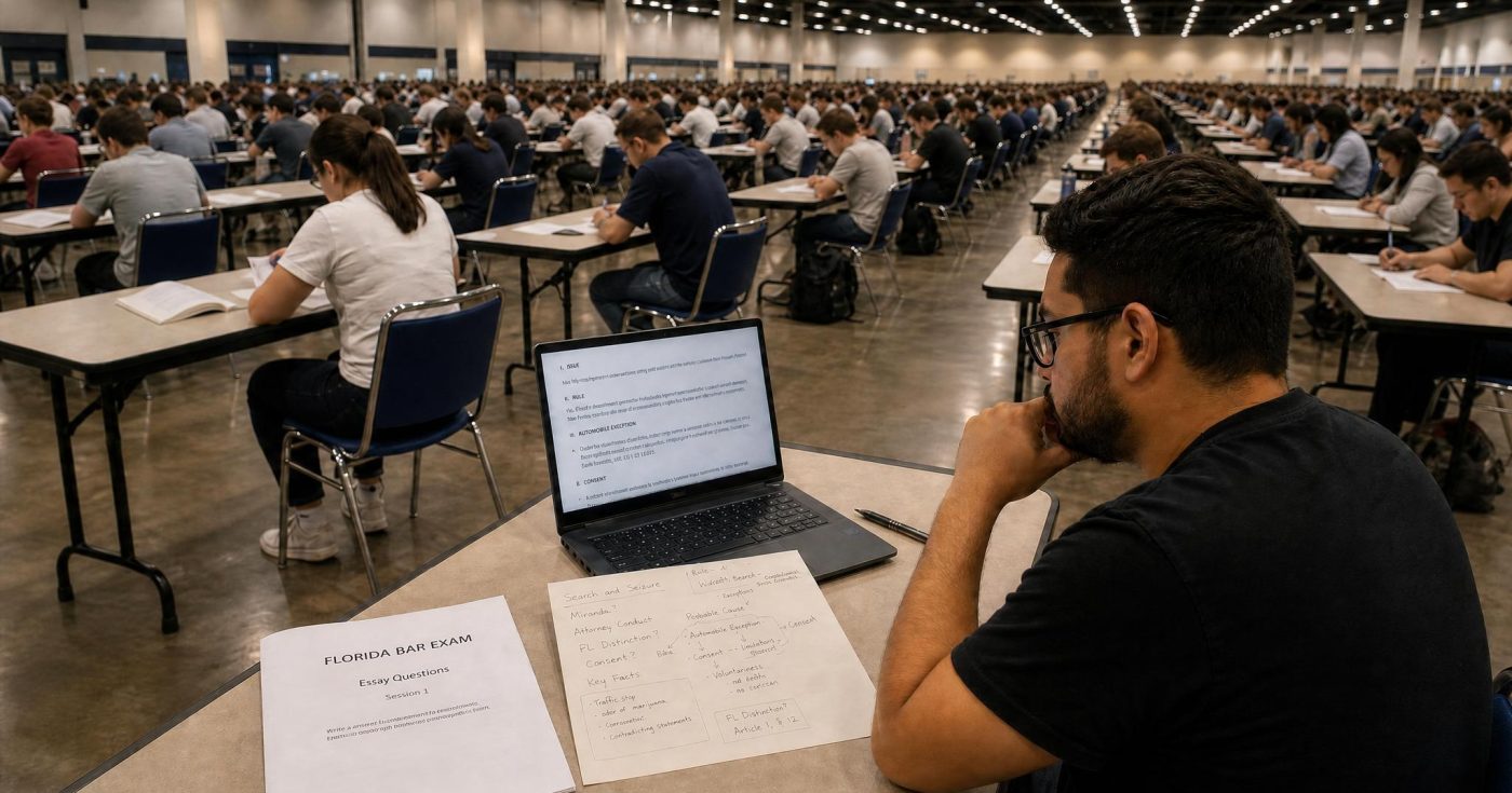Florida Bar Exam applicant reviewing an essay question, creating a roadmap outline, and drafting a response on a laptop during a timed examination.