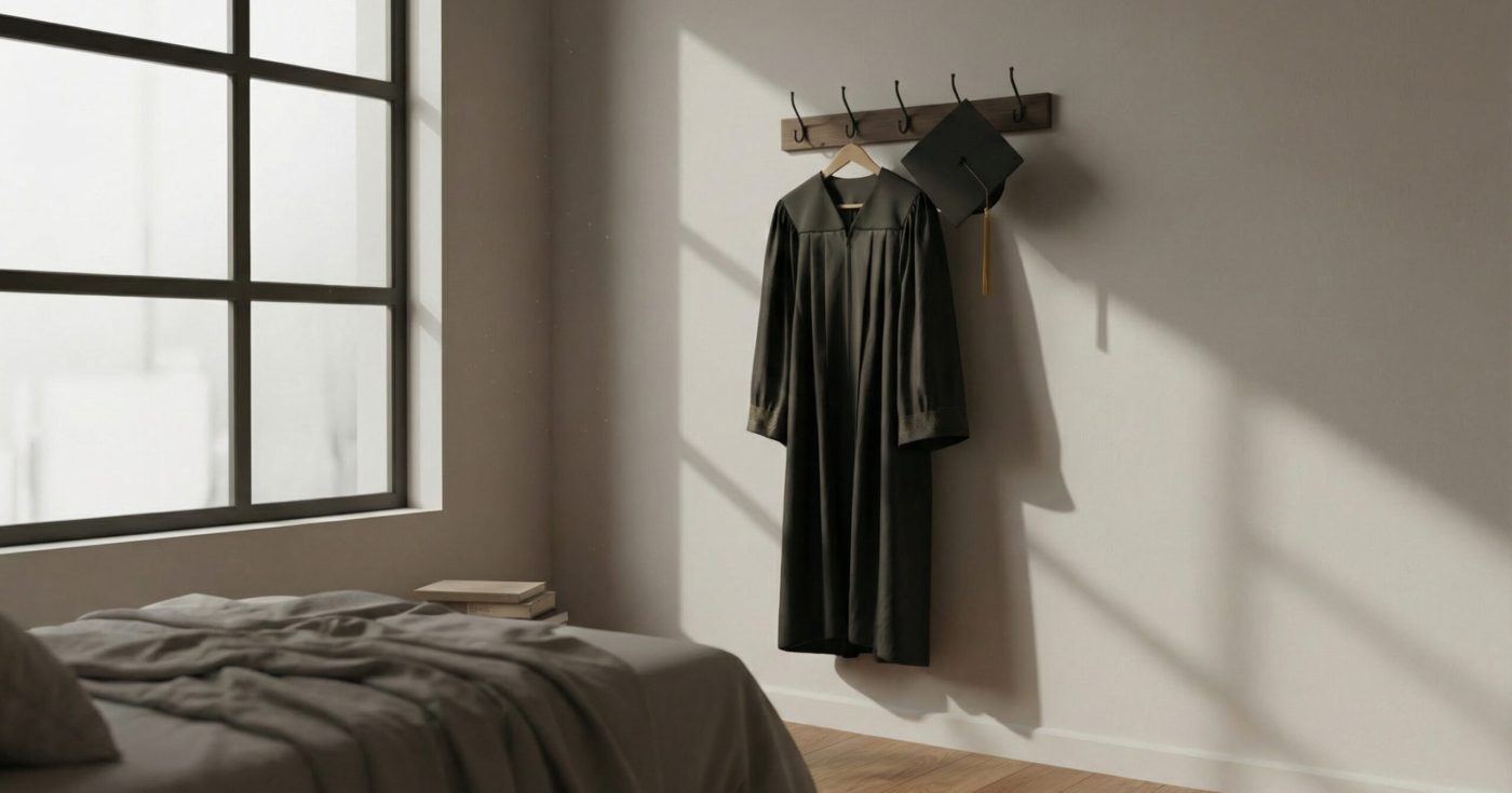 Black graduation cap and gown hanging on a wall hook in a quiet, sunlit bedroom with study books nearby, symbolizing reflection after failing the Florida Bar Exam. Featured image for “Florida Bar Exam Fail: What No One Tells You.”