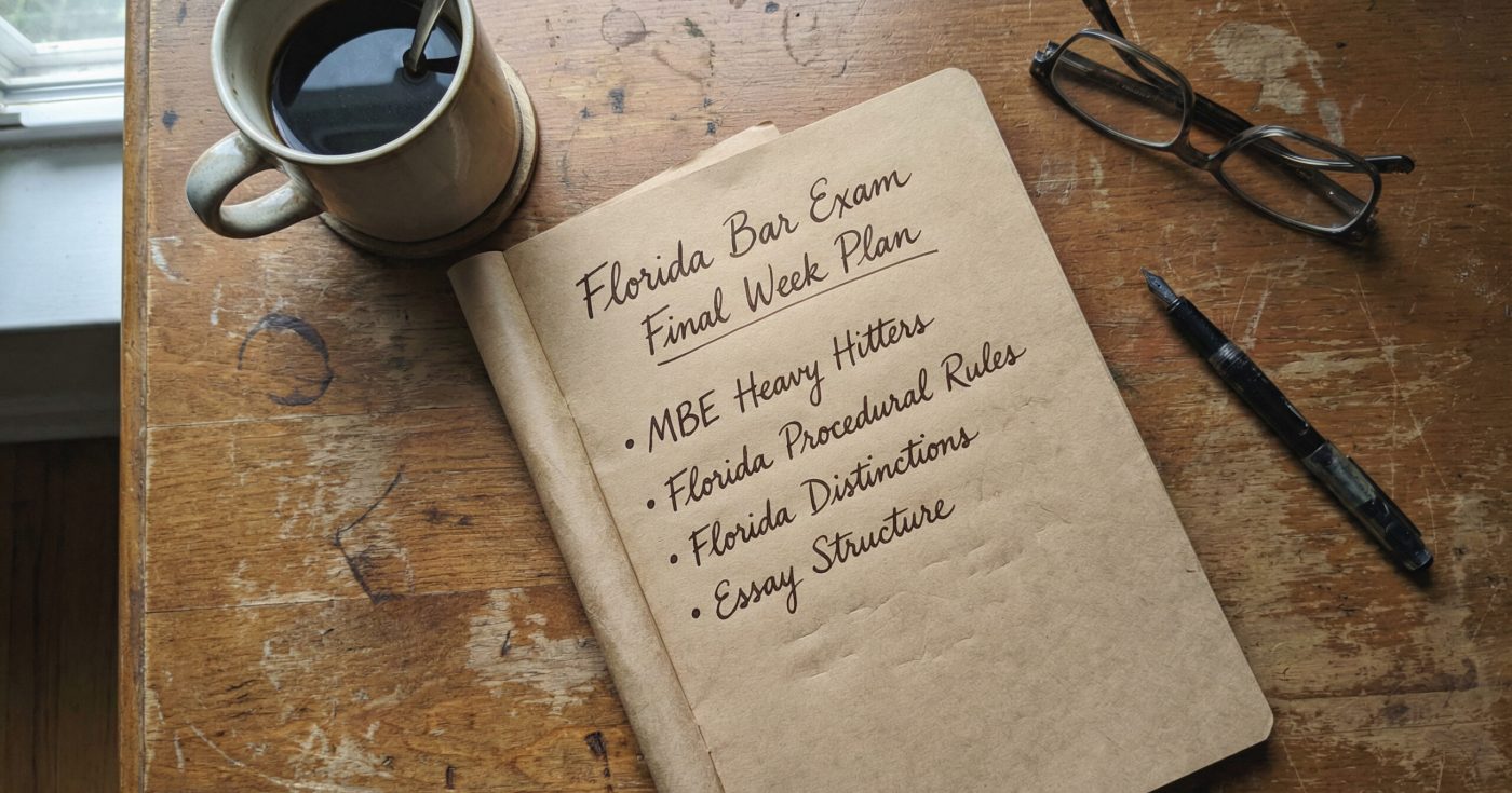 Flat lay of notebook titled “Florida Bar Exam Final Week Plan” with MBE heavy hitters, Florida procedural rules, distinctions, and essay structure written on the page.