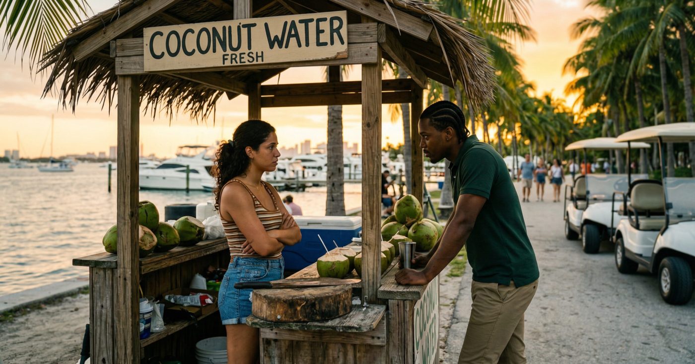 Two business partners discussing a coconut stand on the beach, illustrating Florida LLC concepts for the bar exam