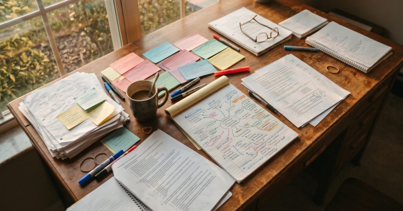 Florida bar exam study materials, flashcards, practice questions, and notes arranged on a desk illustrating different bar prep strategies.