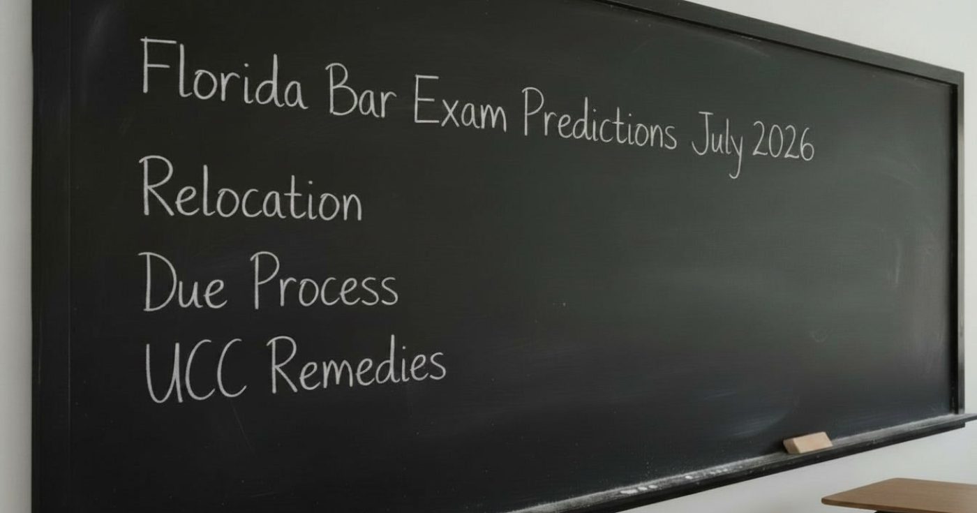 Blackboard displaying Florida Bar Exam essay predictions for July 2026 including Relocation, Due Process, and UCC Remedies.