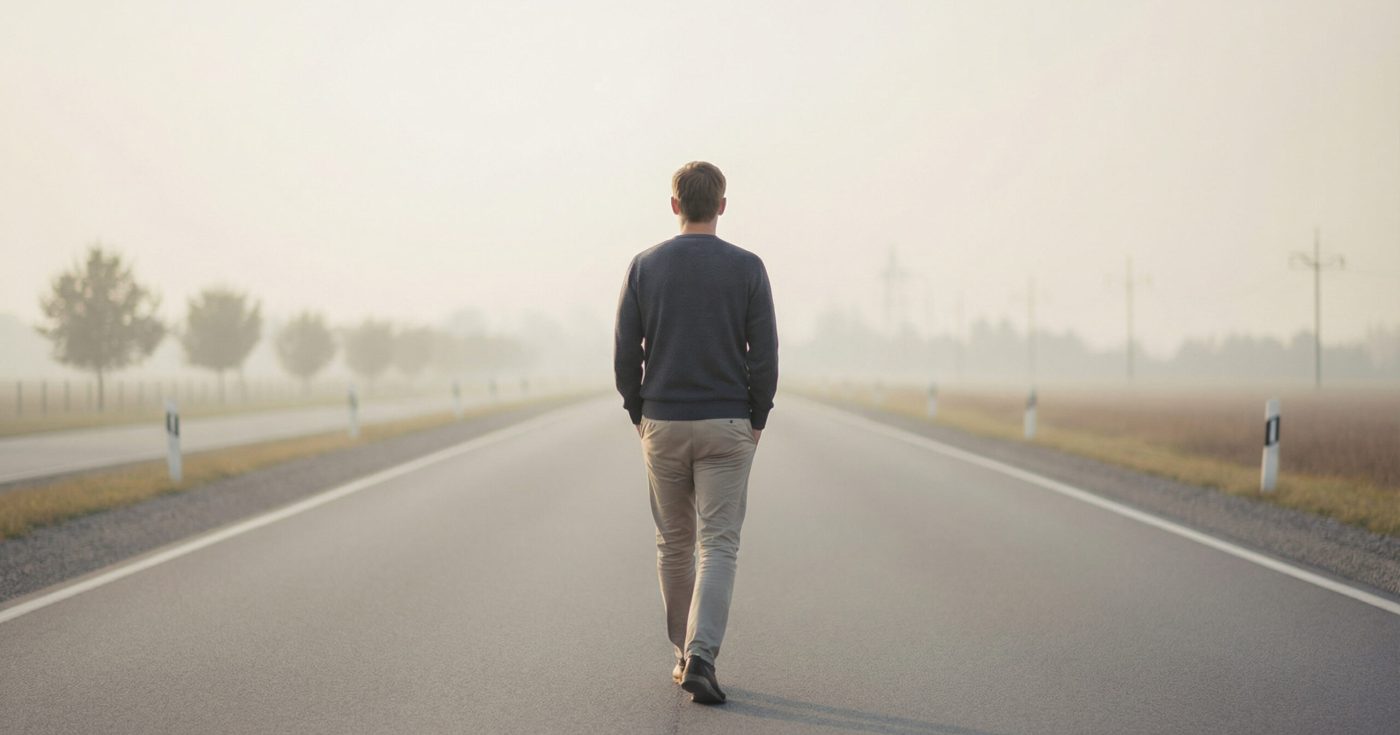 Person walking alone on a foggy open road at sunrise, symbolizing a fresh start and the path forward after failing the Florida Bar Exam.