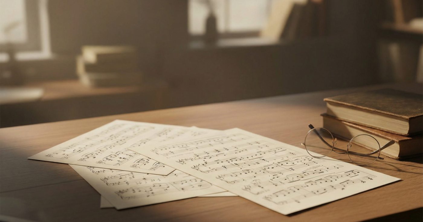 Sheet music, books, and glasses on a wooden desk in soft morning light, symbolizing how the Florida Bar Exam scoring system blends multiple components into one structure.