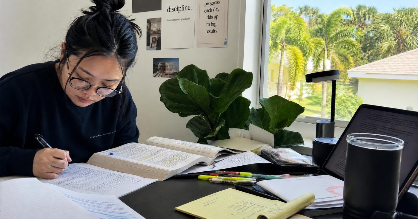 Student studying for the Florida Bar Exam at a desk with books, notes, and a study plan beside a window.