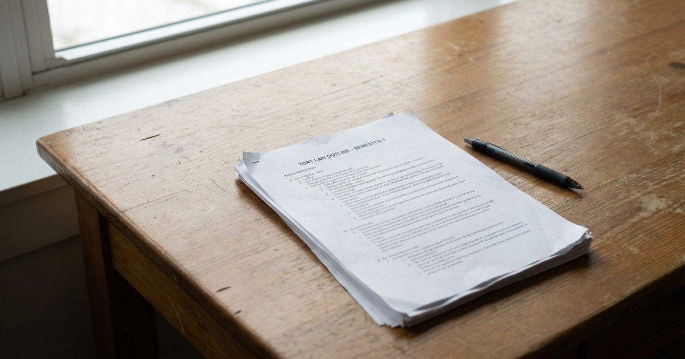 Printed Florida Bar Exam torts outline on wooden desk in natural light, covering emotional distress, products liability, and defamation.