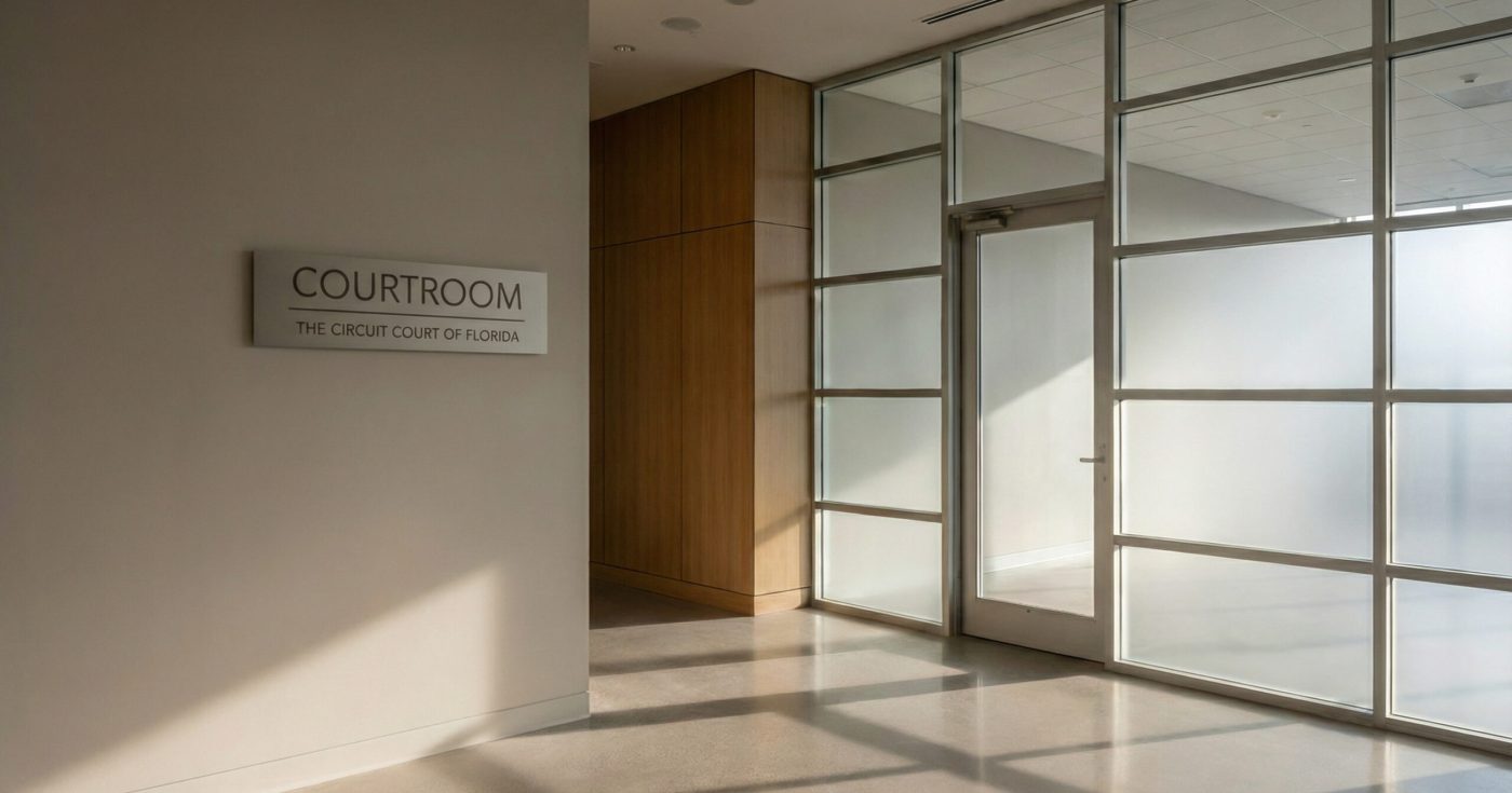 Sunlit hallway outside a Florida courtroom with a wall sign reading ‘Courtroom – The Circuit Court of Florida,’ photographed in warm natural light.