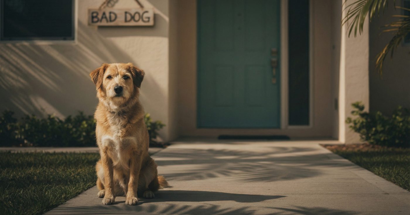 Dog sitting calmly on a walkway outside a Florida home with a “Bad Dog” sign, illustrating premises liability and dog bite issues in Florida tort law.